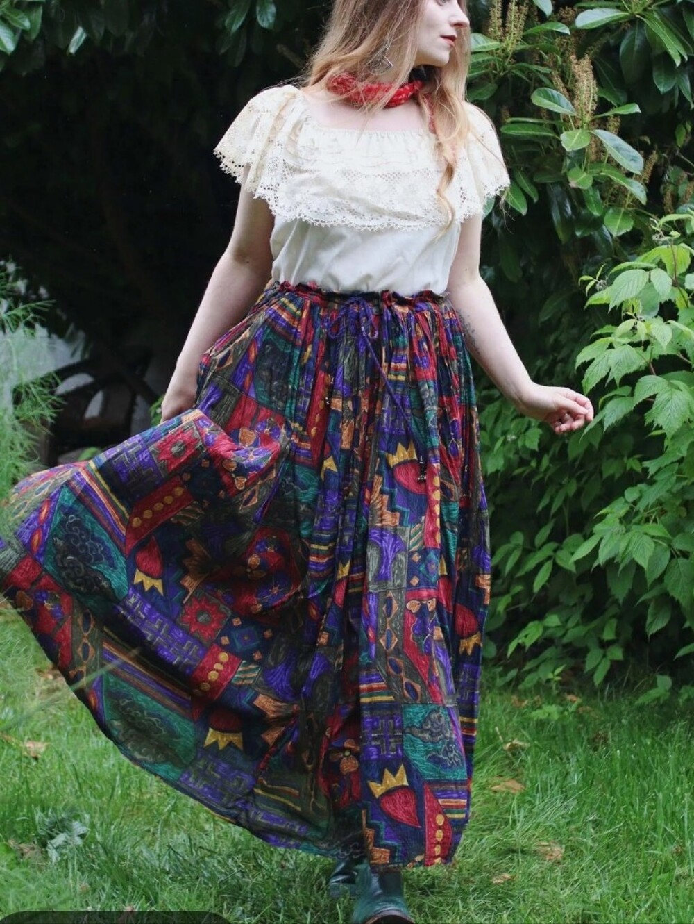 VTG Bila S Boho Multicolor Maxi Skirt - Vibrant Floral Print 90s Grunge Cotton
